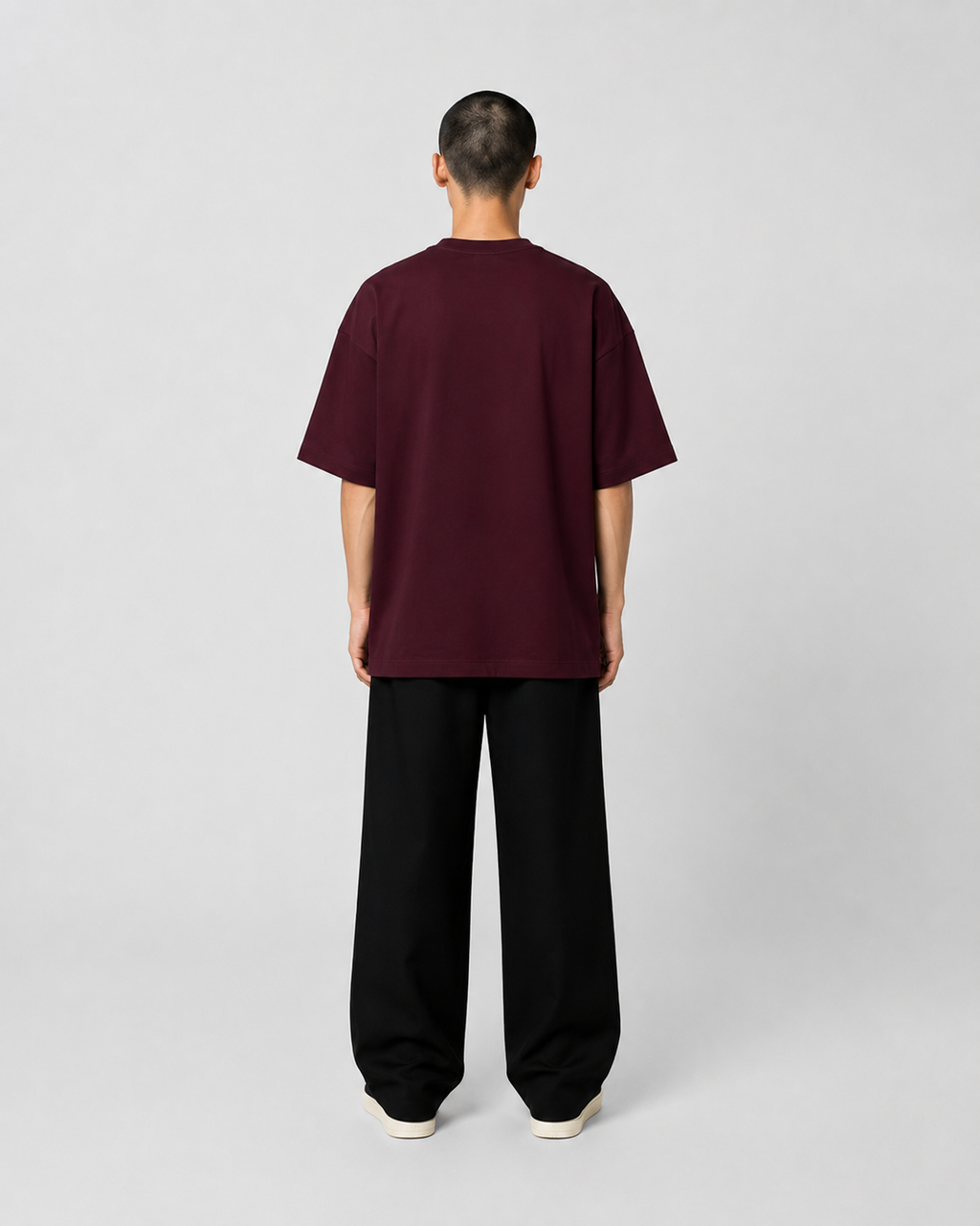 ORIYEN Burgundy Woven Fate French Terry Cotton Oversized T-Shirt (Maroon)