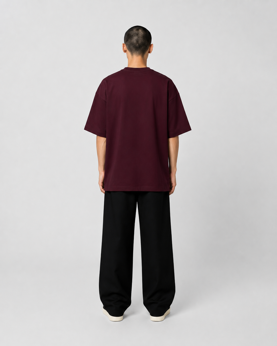 ORIYEN Burgundy Woven Fate French Terry Cotton Oversized T-Shirt (Maroon)