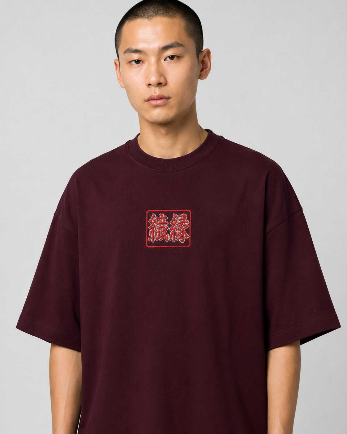 ORIYEN Burgundy Woven Fate French Terry Cotton Oversized T-Shirt (Maroon)