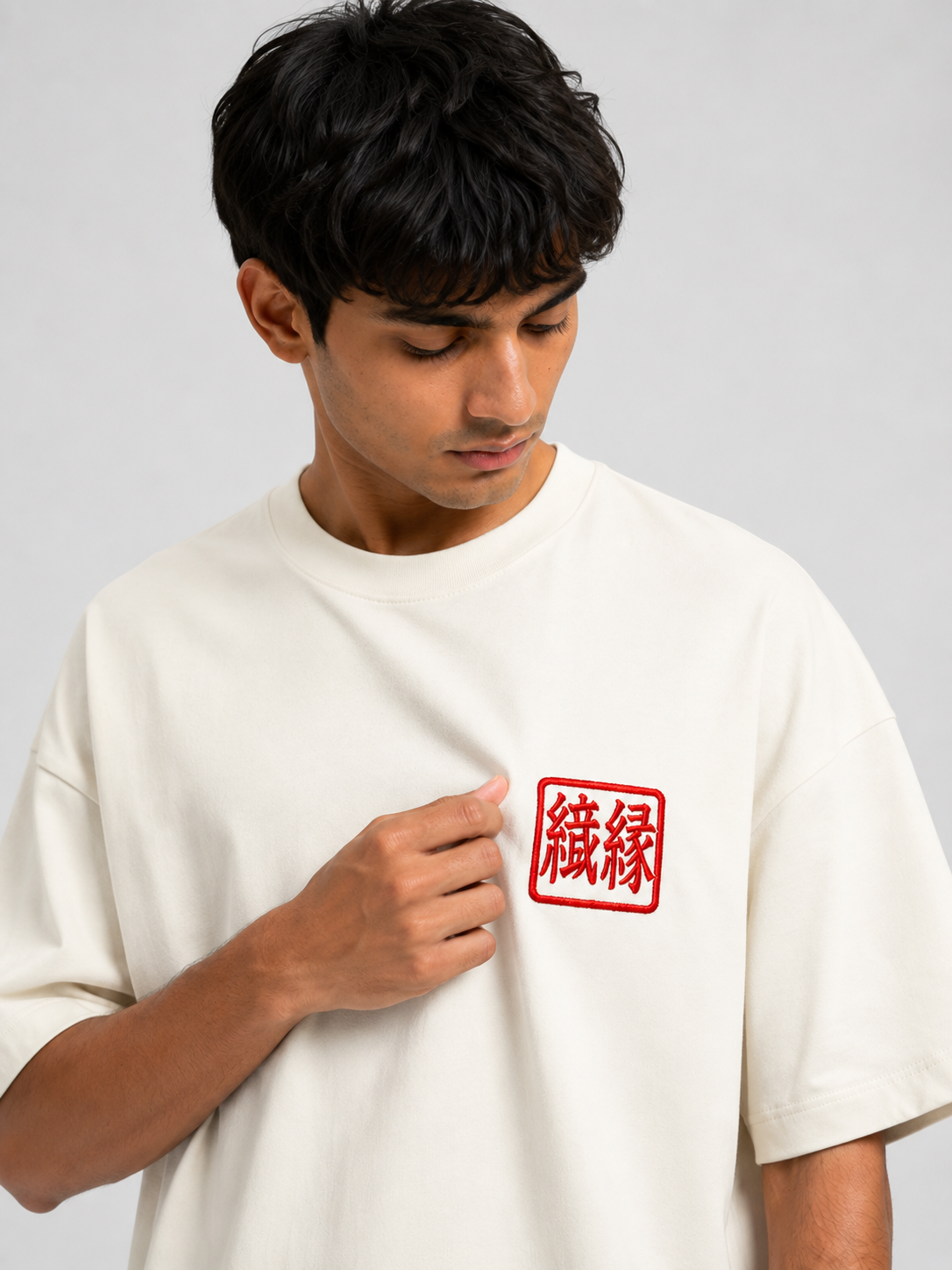 ORIYEN Off White Woven Fate French Terry Cotton Oversized T-Shirt