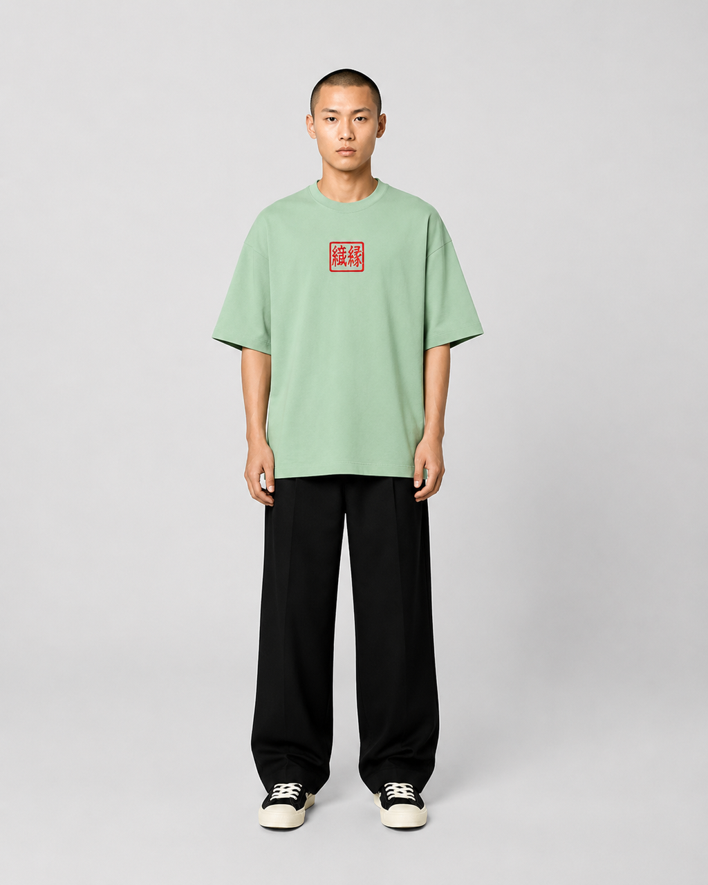 ORIYEN Sage Woven Fate French Terry Cotton Oversized T-Shirt (Green)