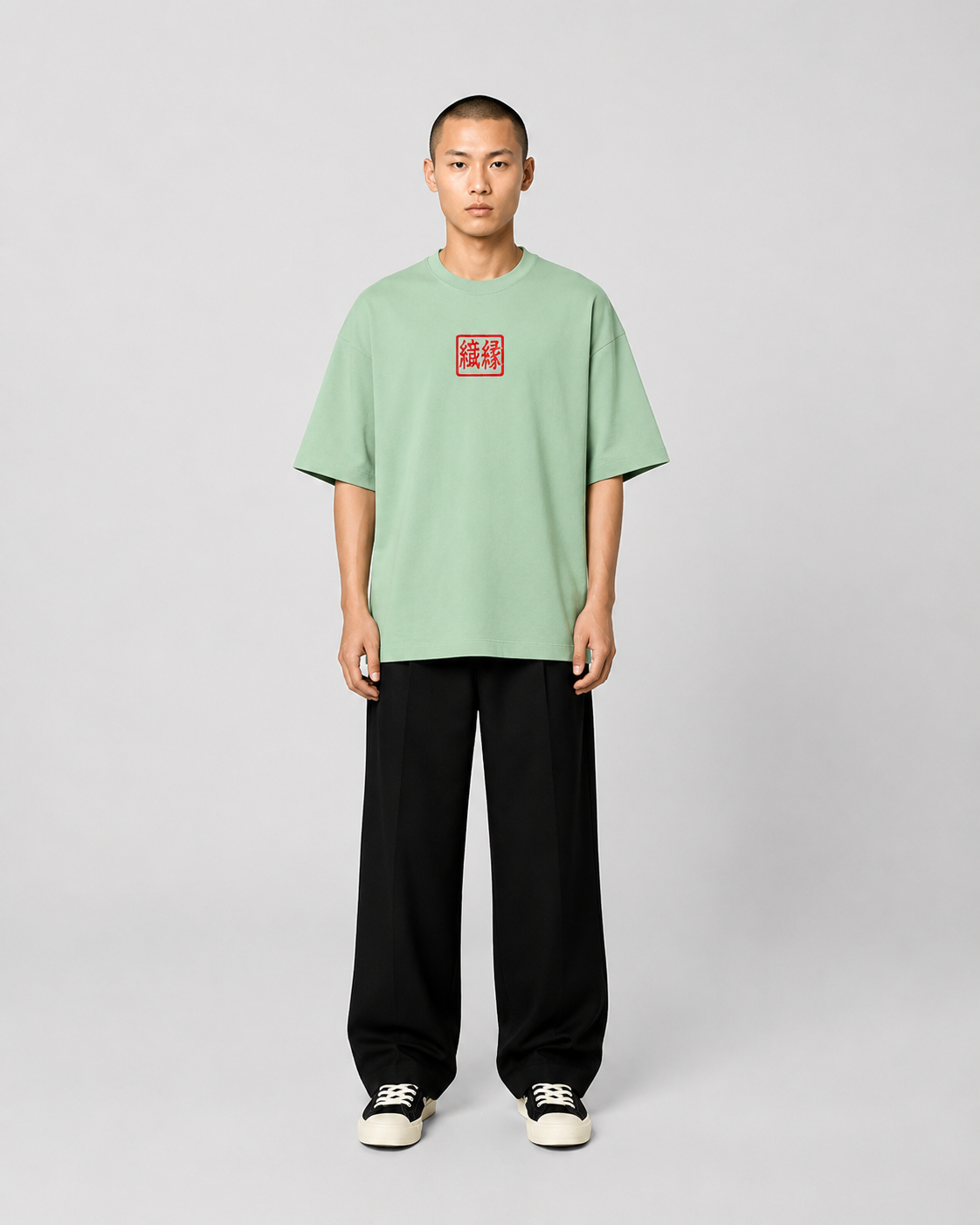 ORIYEN Sage Woven Fate French Terry Cotton Oversized T-Shirt (Green)