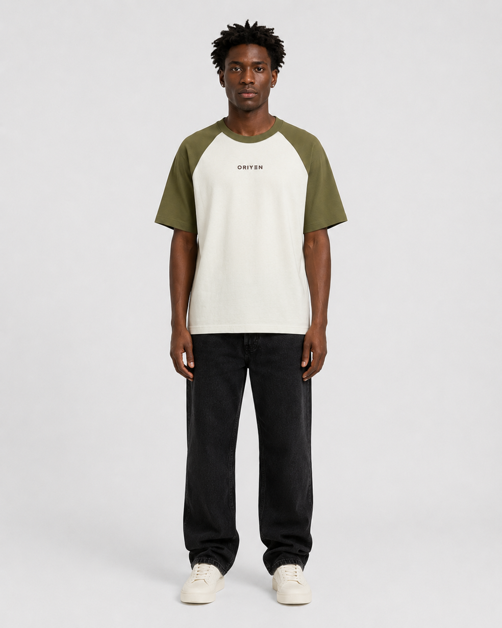 ORIYEN Moss Raglan Oversized Tee (Olive Green / Off White)