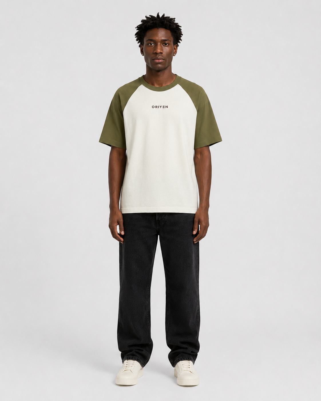 ORIYEN Moss Raglan Oversized Tee (Olive Green / Off White)