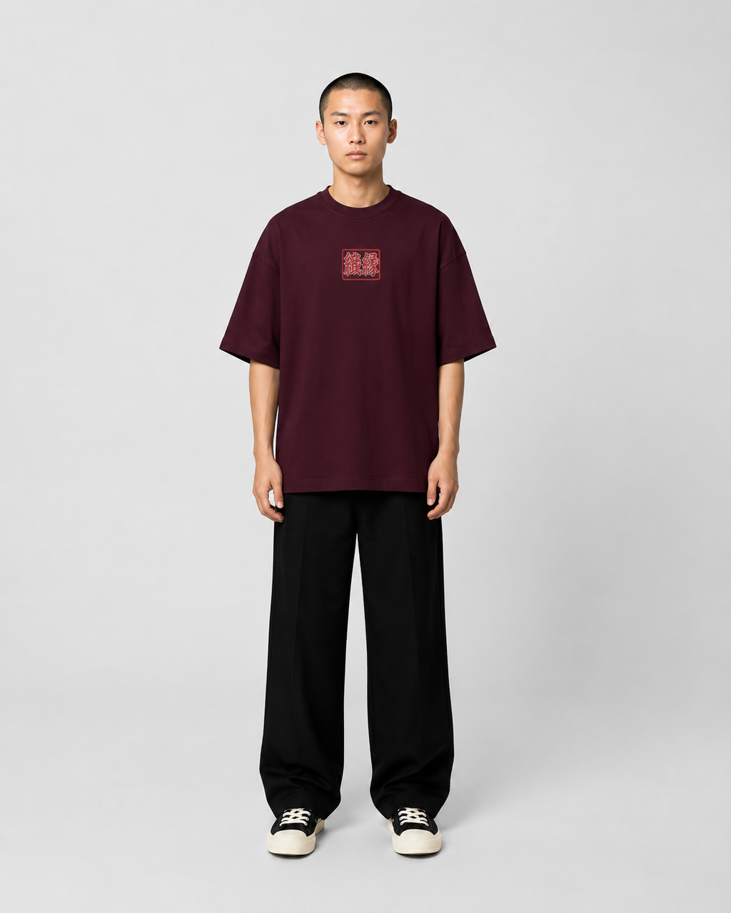 ORIYEN Burgundy Woven Fate French Terry Cotton Oversized T-Shirt (Maroon)
