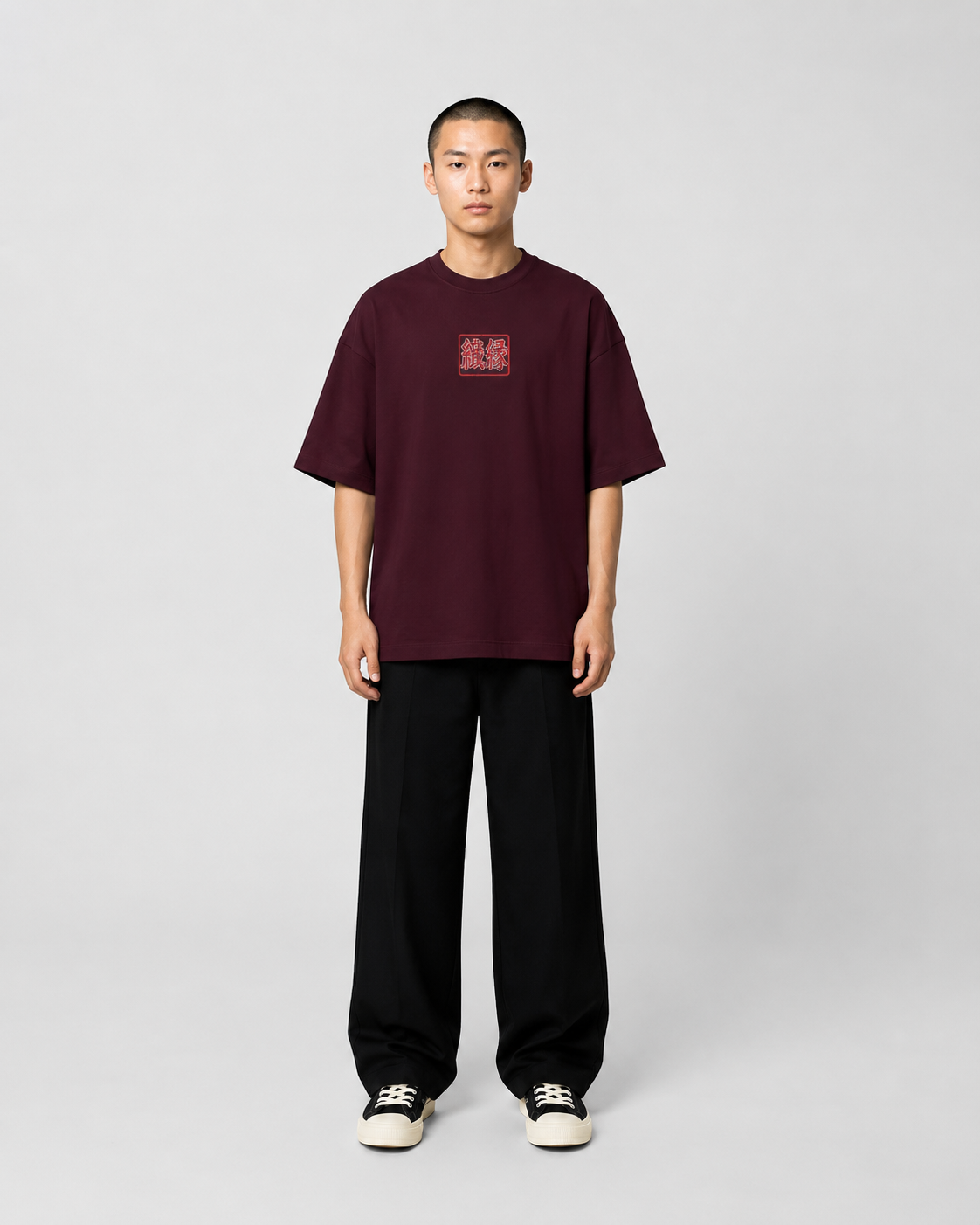 ORIYEN Burgundy Woven Fate French Terry Cotton Oversized T-Shirt (Maroon)