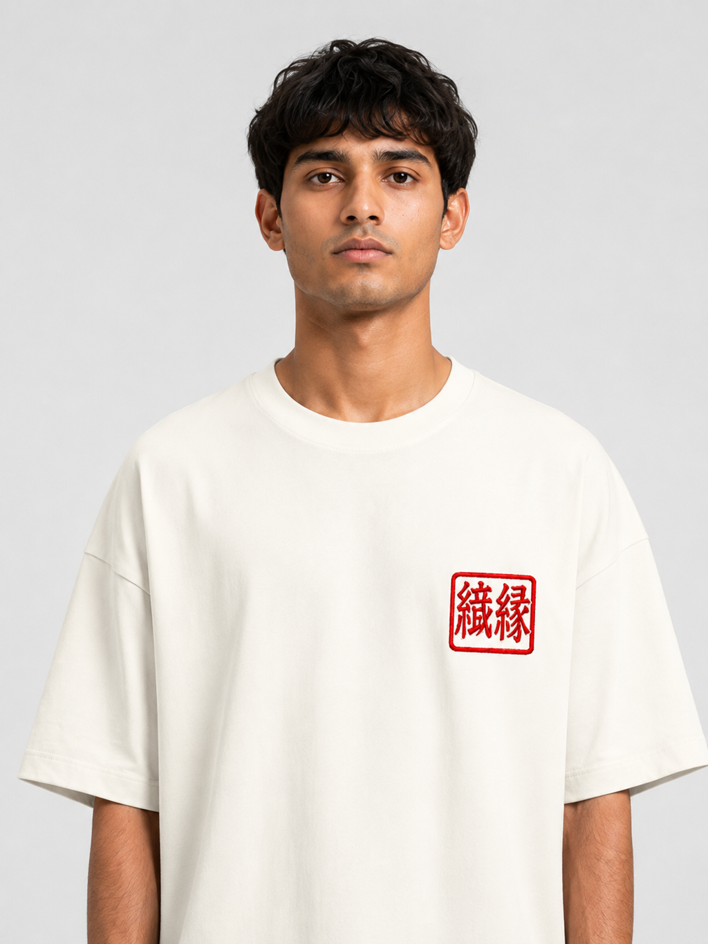 ORIYEN Off White Woven Fate French Terry Cotton Oversized T-Shirt