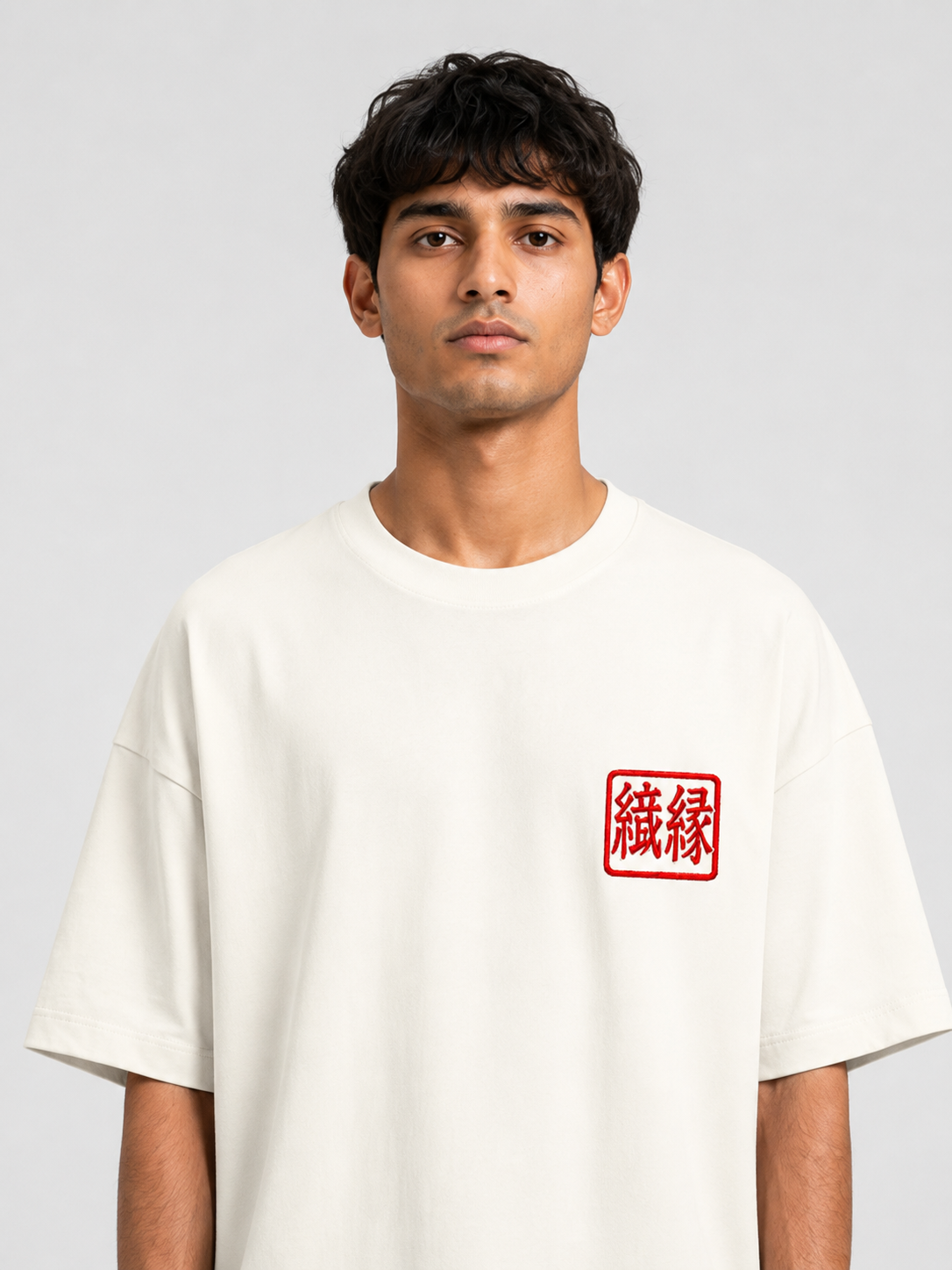 ORIYEN Off White Woven Fate French Terry Cotton Oversized T-Shirt