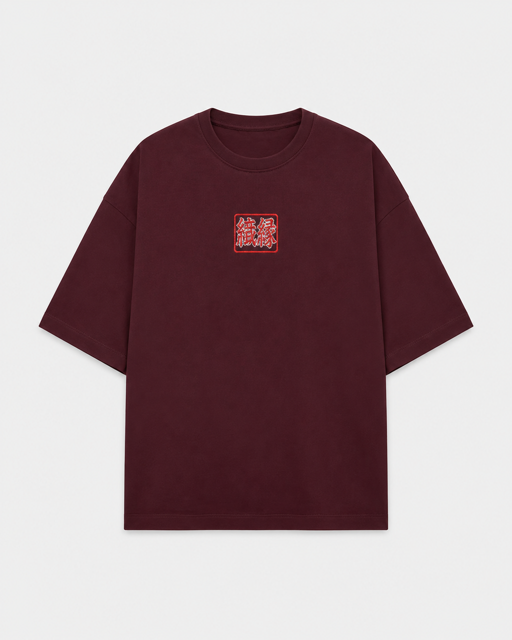 ORIYEN Burgundy Woven Fate French Terry Cotton Oversized T-Shirt (Maroon)