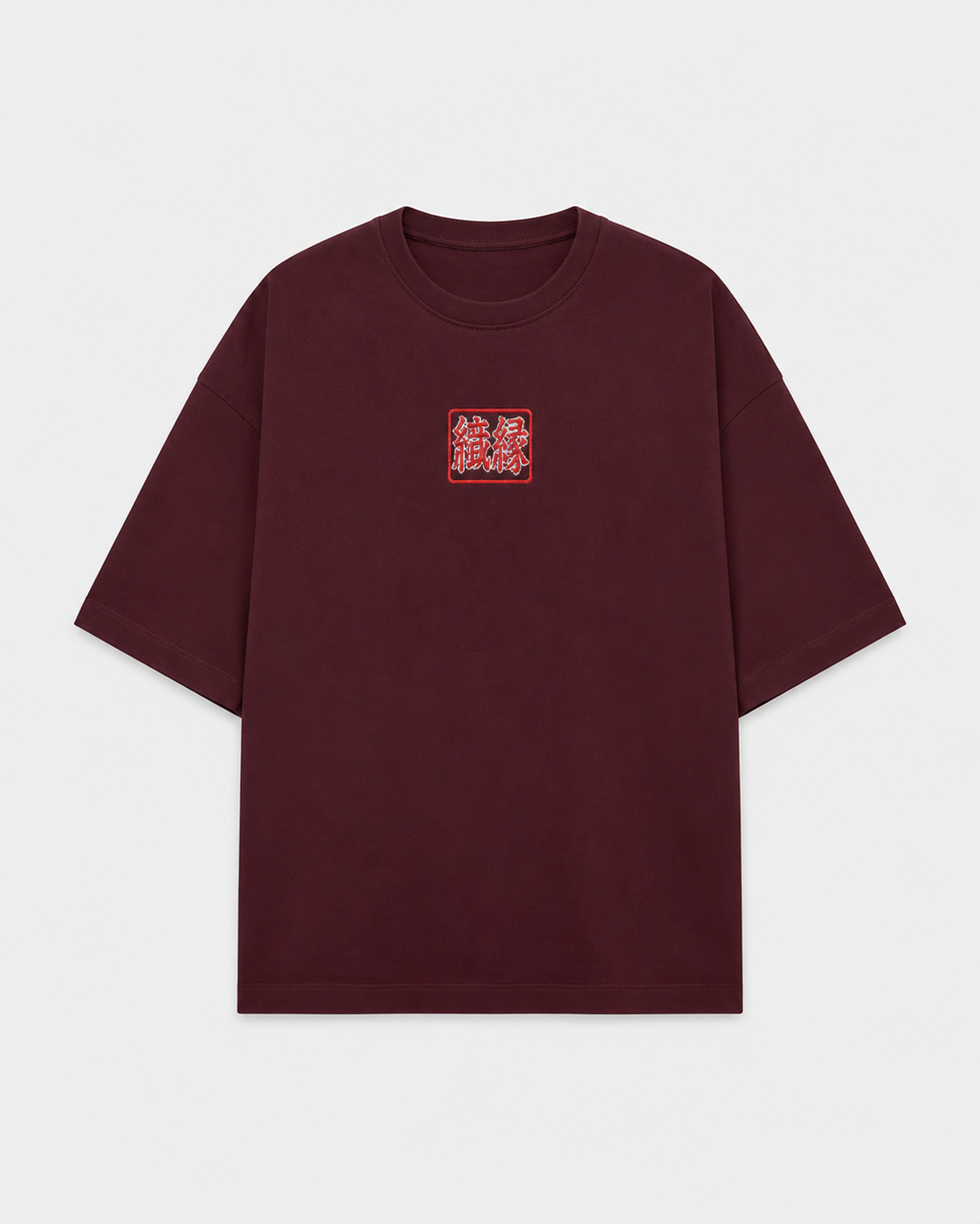 ORIYEN Burgundy Woven Fate French Terry Cotton Oversized T-Shirt (Maroon)