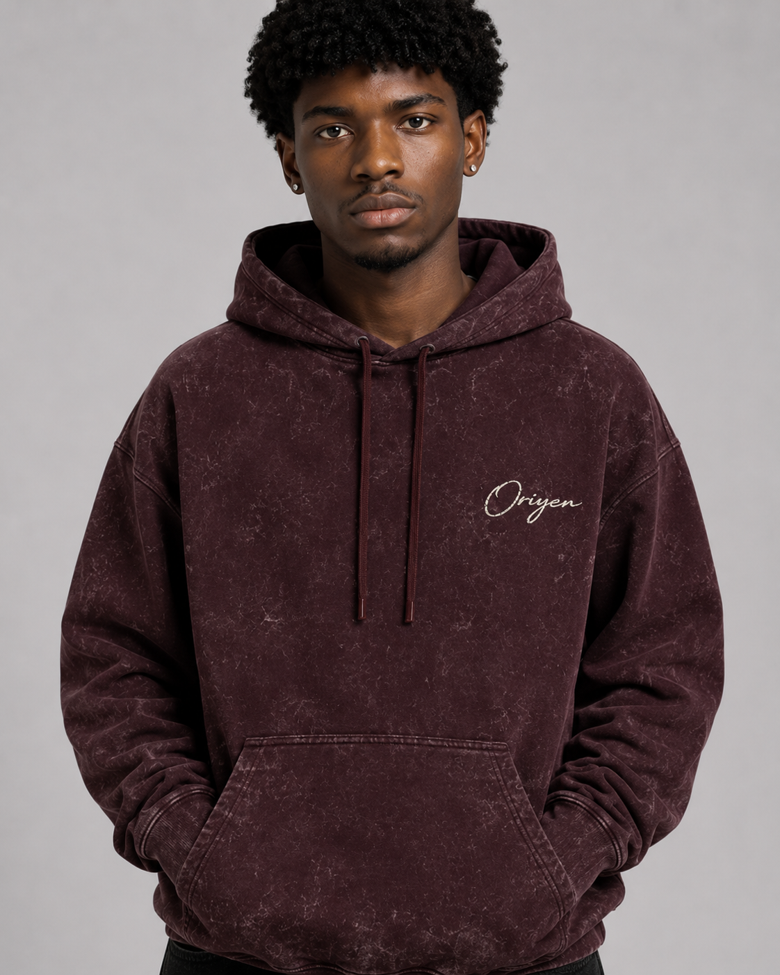 ORIYEN Wine Acid Wash Hoodie (Burgundy)